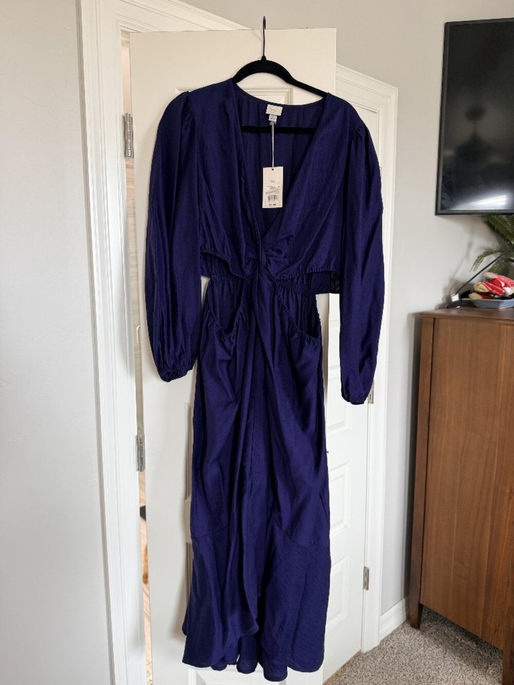 A New Day Puff Sleeve V-Neck Maxi Dress Women's XXL Navy NWT